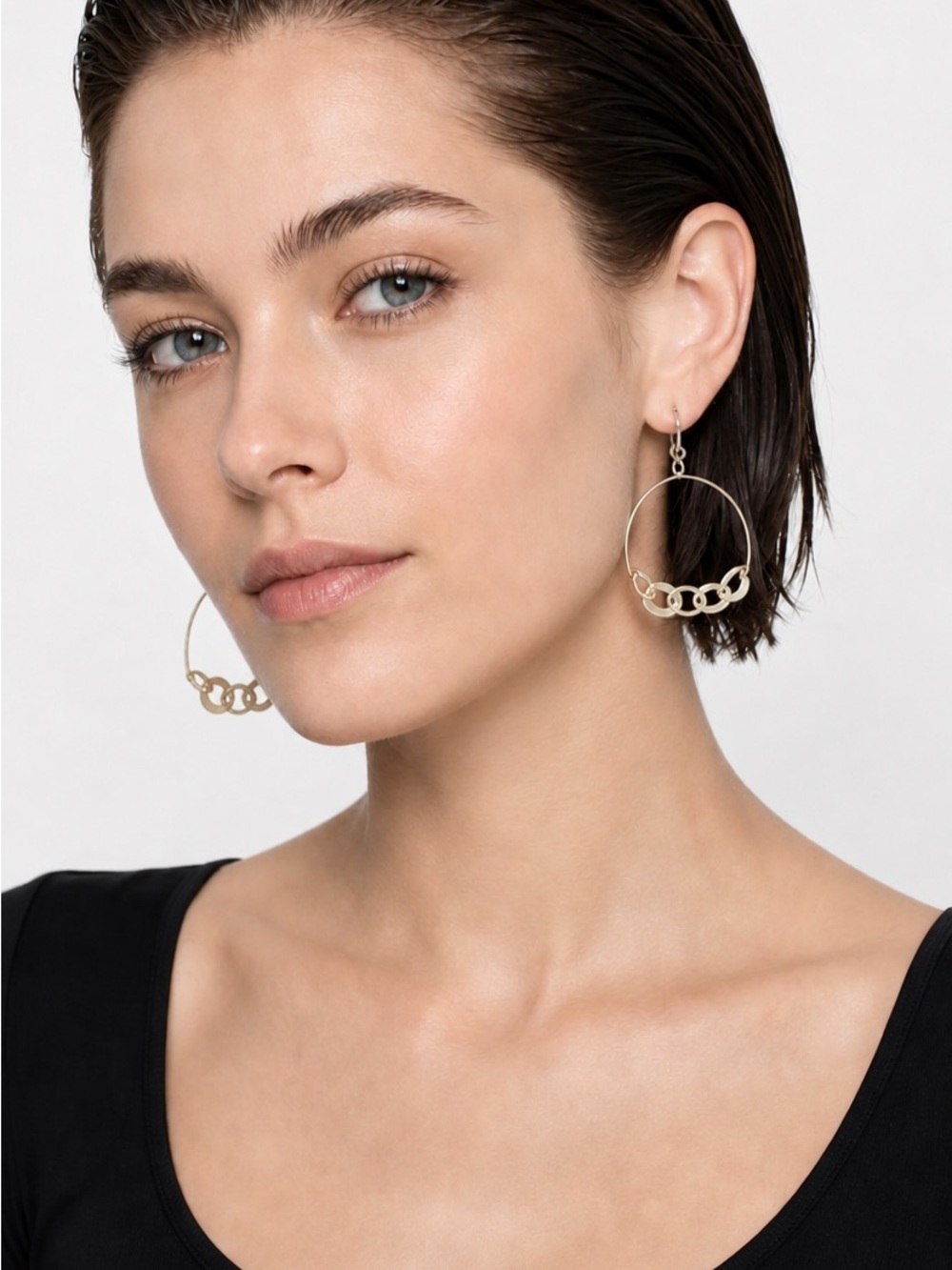 Sterling Silver Hoop Earrings with Linked Circle Accents - Women Jewelry